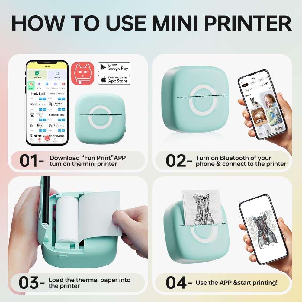 Mini Printer Sticker Thermal Printer with 3 Rolls Paper, Bluetooth Portable Phone Printer,Study Printer for Pictures, Photos, Journals, DIY, Compatible with Phone & Tablet.